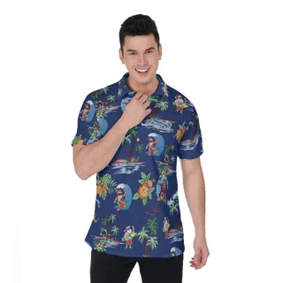 Vintage Santa Claus Surfing Tropical Navy Christmas Hawaiian Polo Shirt