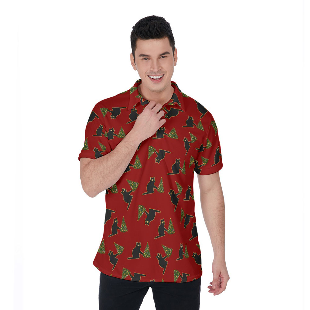 Funny Black Cat Wreak The Tree Christmas Red Hawaiian Polo Shirt - variant image 1