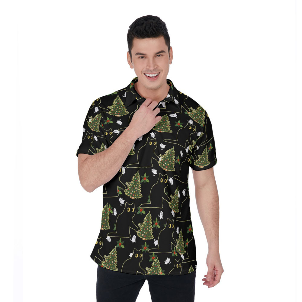 Funny Black Cat Wreak The Christmas Tree Hawaiian Polo Shirt - variant image 1