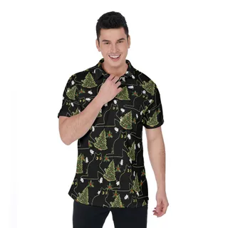 Funny Black Cat Wreak The Christmas Tree Hawaiian Polo Shirt