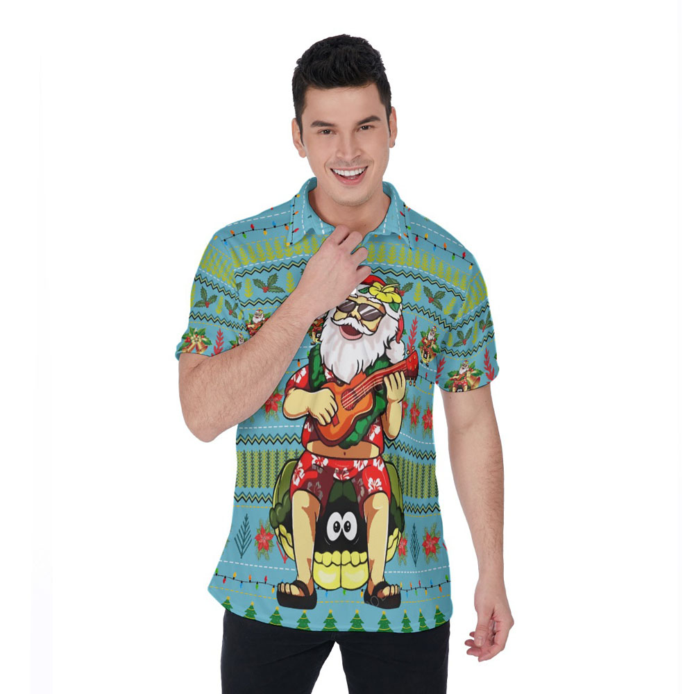 Funny Santa Playing Ukulele Christmas Ugly Hawaiian Polo Shirt - variant image 1