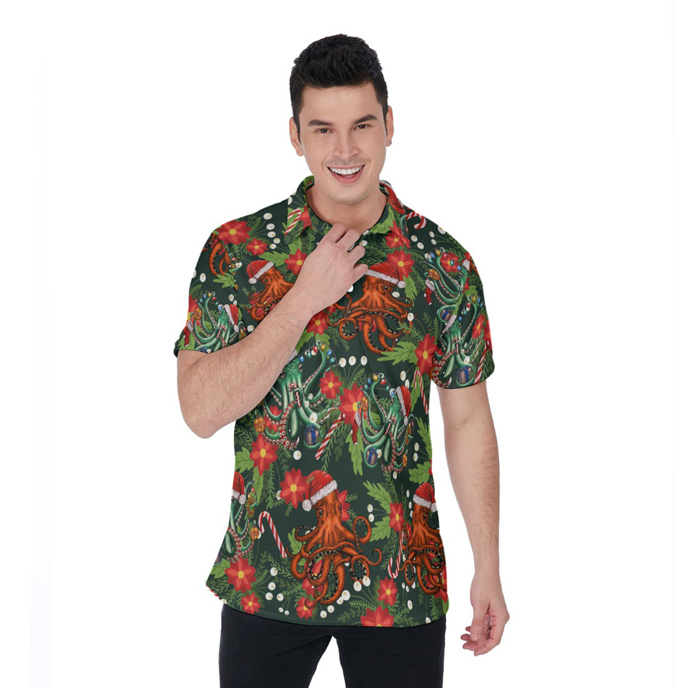 Funny Christmas Octopus Floral Green Hawaiian Polo Shirt - variant image 1
