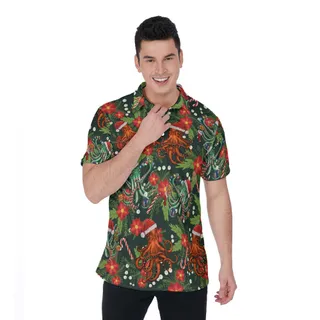 Funny Christmas Octopus Floral Green Hawaiian Polo Shirt