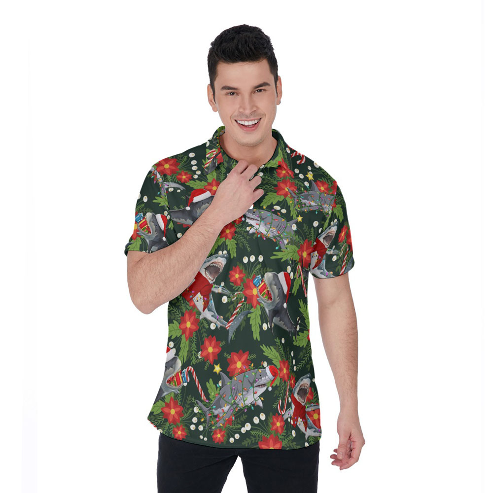 Tropical Christmas Shark Poinsettia Hawaiian Polo Shirt - variant image 1