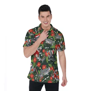 Tropical Christmas Shark Poinsettia Hawaiian Polo Shirt