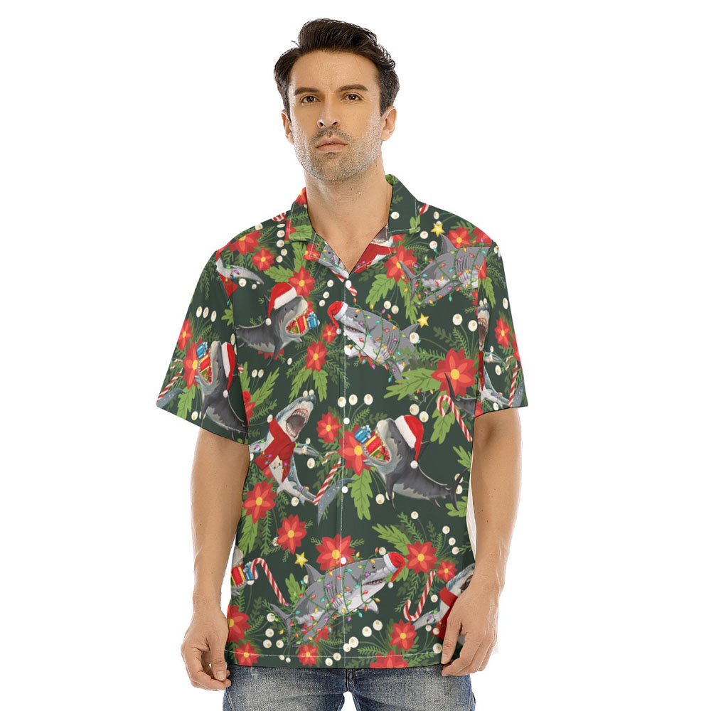 Funny Christmas Shark Floral Hawaiian Shirt - variant image 1