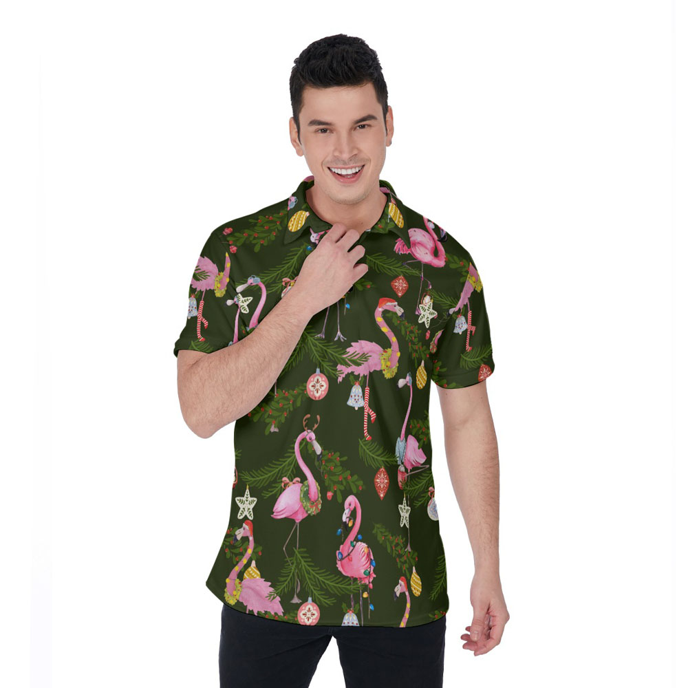 Funny Christmas Flamingo Tropical Green Hawaiian Polo Shirt - variant image 1