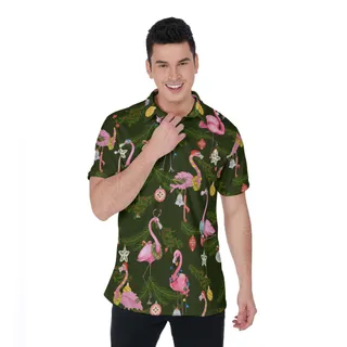 Funny Christmas Flamingo Tropical Green Hawaiian Polo Shirt
