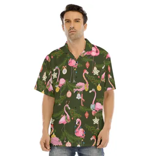 Christmas Flamingo Tropical Green Men's Hawaiian Shirt
