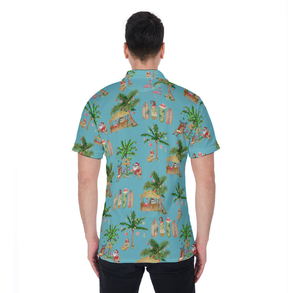 Blue Vintage Christmas Santa On Beach Hawaiian Polo Golf Shirt