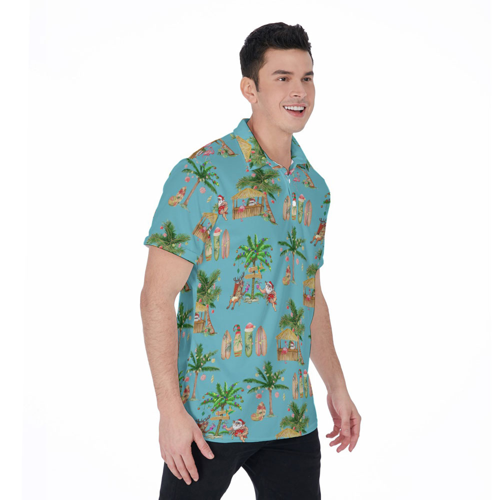 Blue Vintage Christmas Santa On Beach Hawaiian Polo Golf Shirt