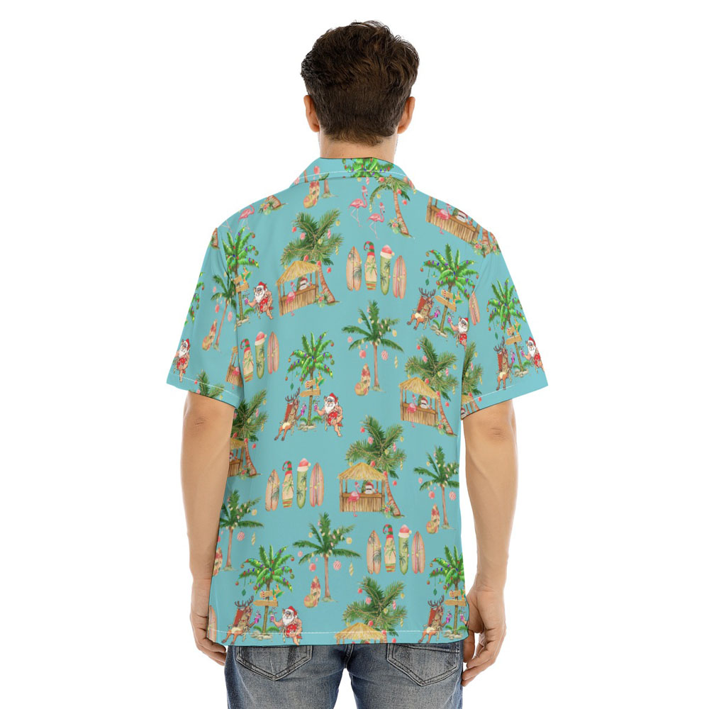 Mele Kalikimaka Santa Claus Christmas Palm Trees Blue Hawaiian Shirt