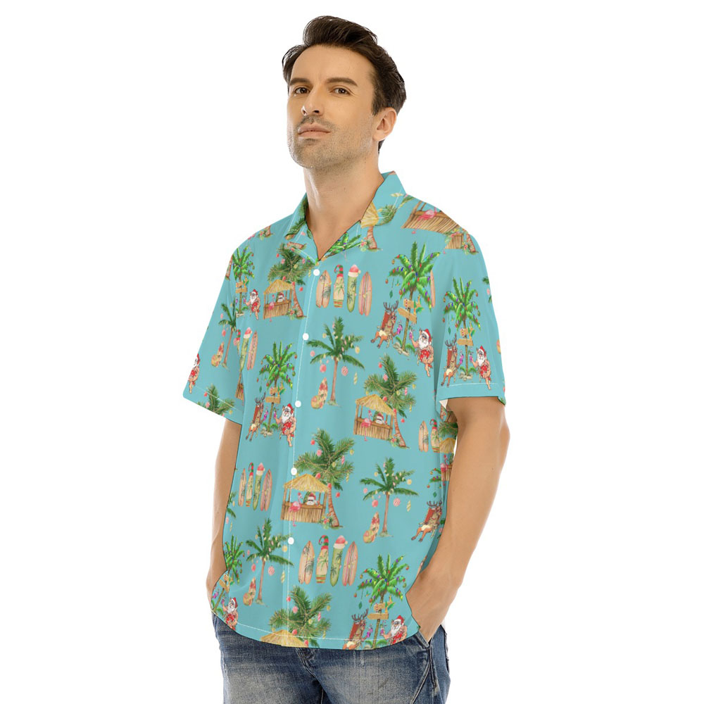Mele Kalikimaka Santa Claus Christmas Palm Trees Blue Hawaiian Shirt
