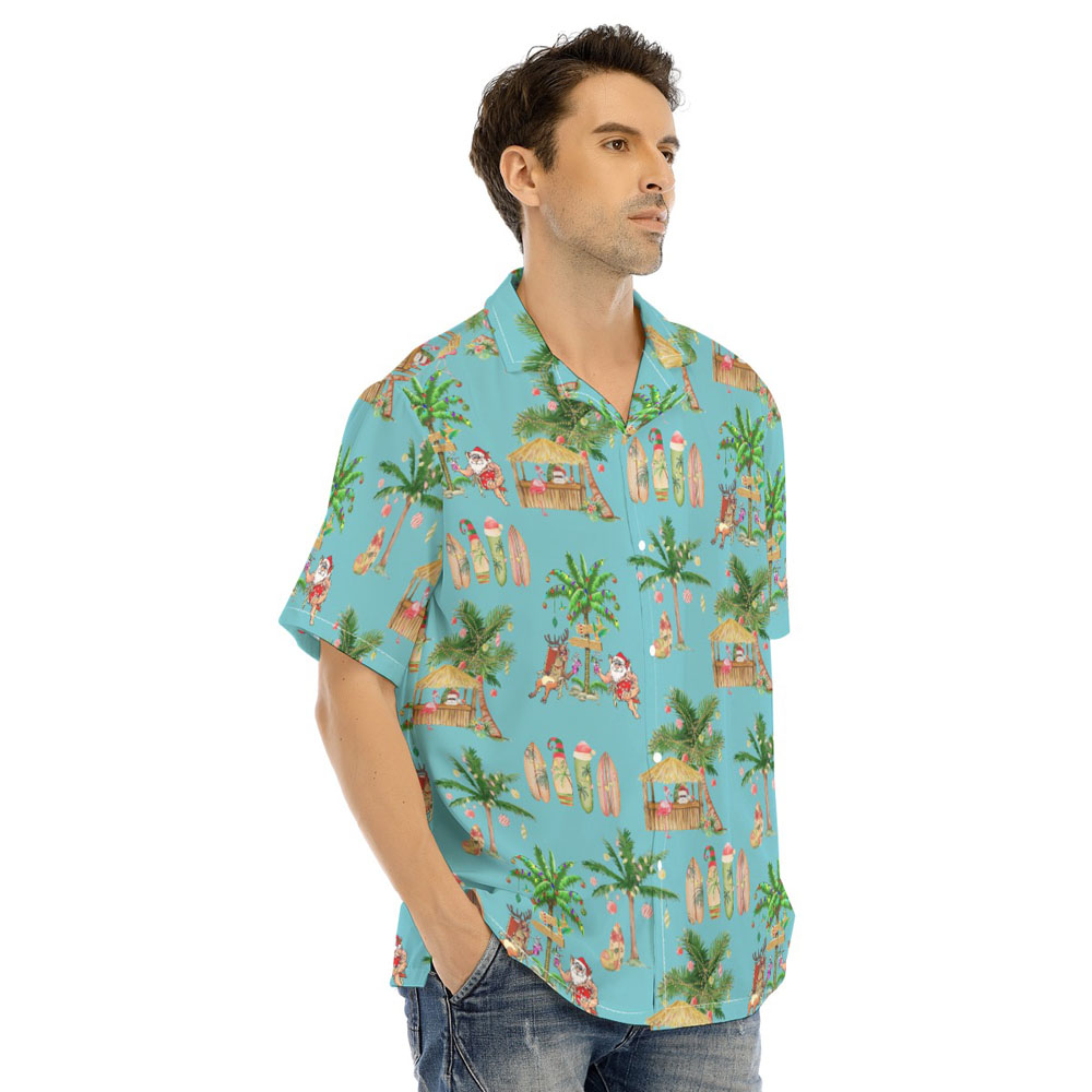 Mele Kalikimaka Santa Claus Christmas Palm Trees Blue Hawaiian Shirt