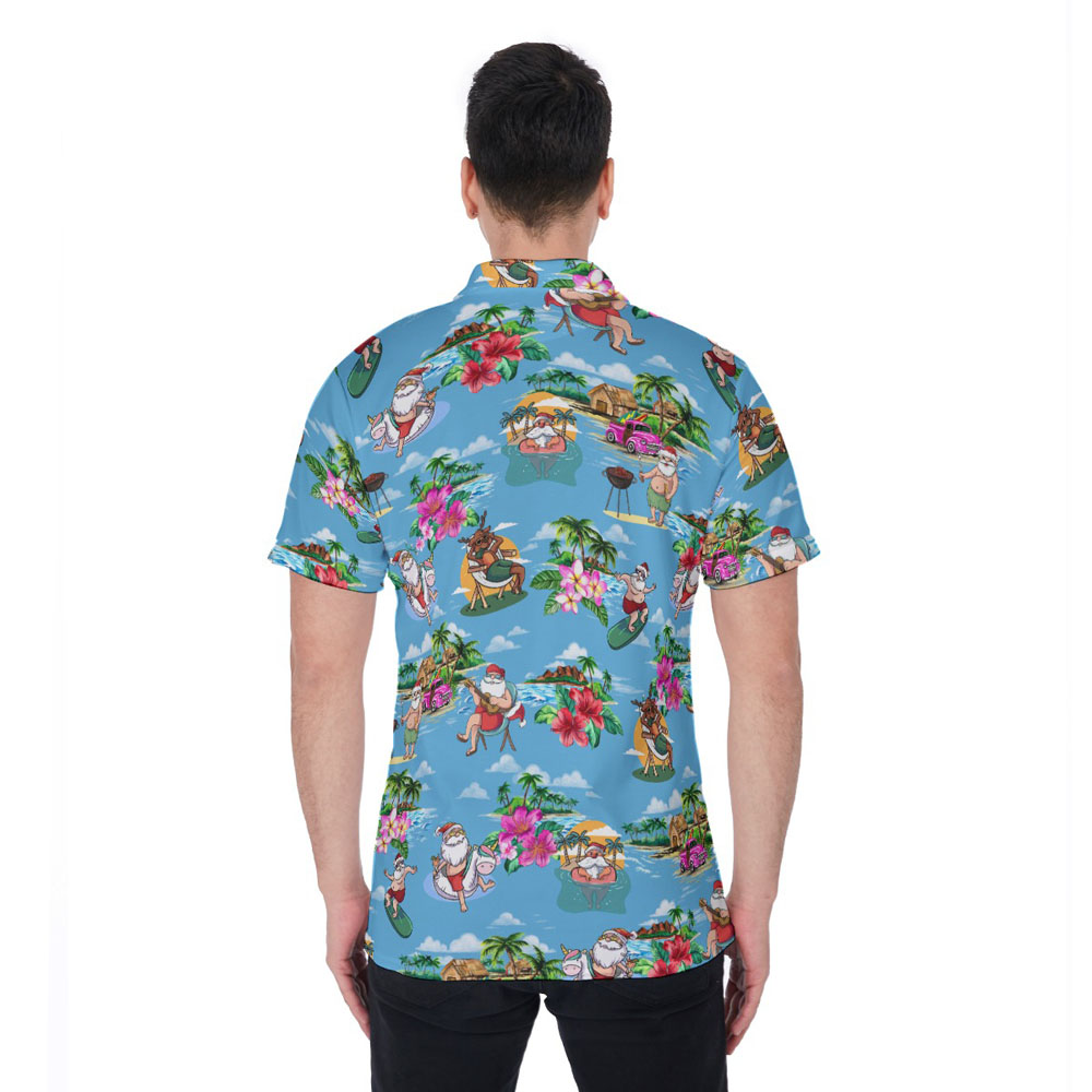 Santa Claus On Beach Tropical Islands Blue Hawaiian Polo Shirt