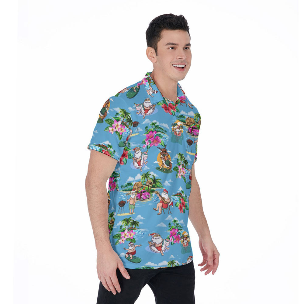 Santa Claus On Beach Tropical Islands Blue Hawaiian Polo Shirt