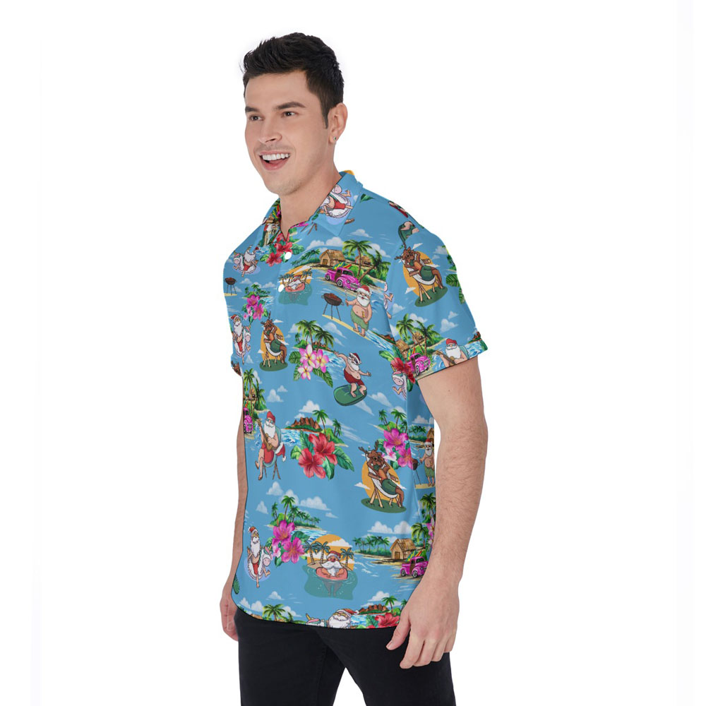 Santa Claus On Beach Tropical Islands Blue Hawaiian Polo Shirt