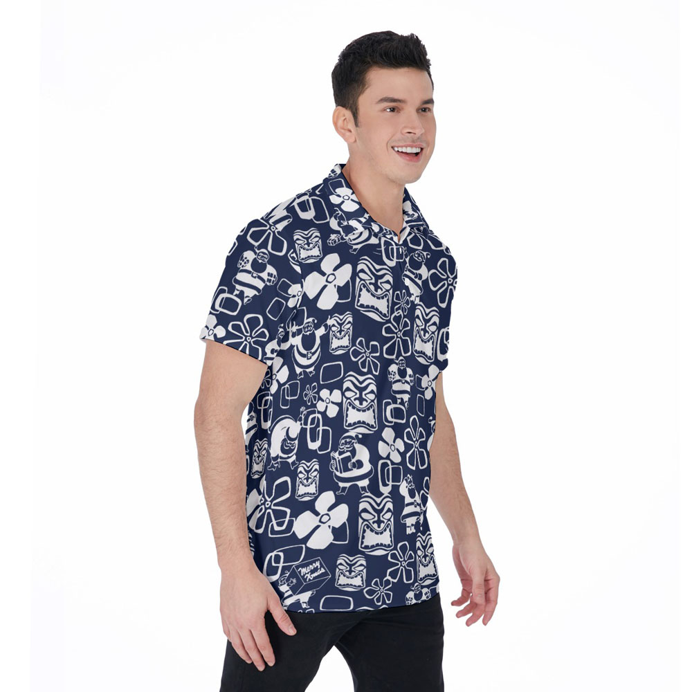 Christmas Tiki Classic Santa Claus Navy Hawaiian Polo Shirt