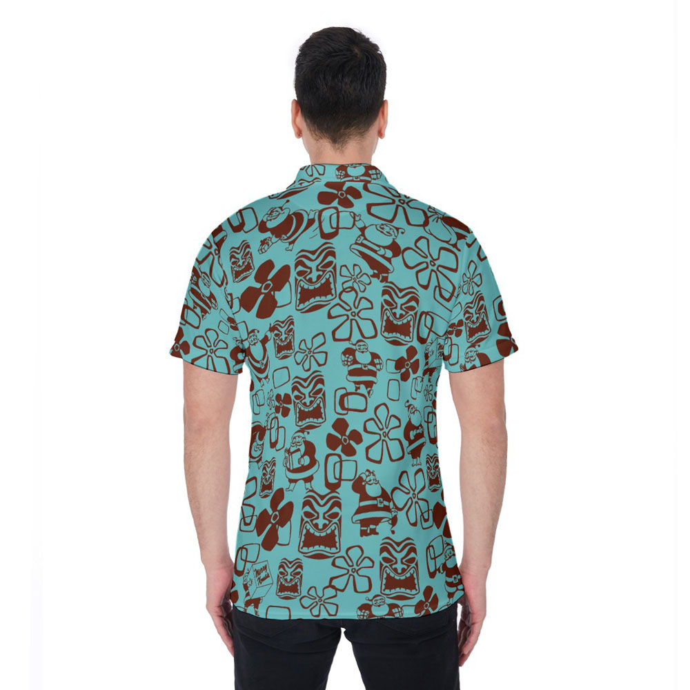 Vintage Santa Claus Christmas Tiki Blue Hawaiian Polo Golf Shirt