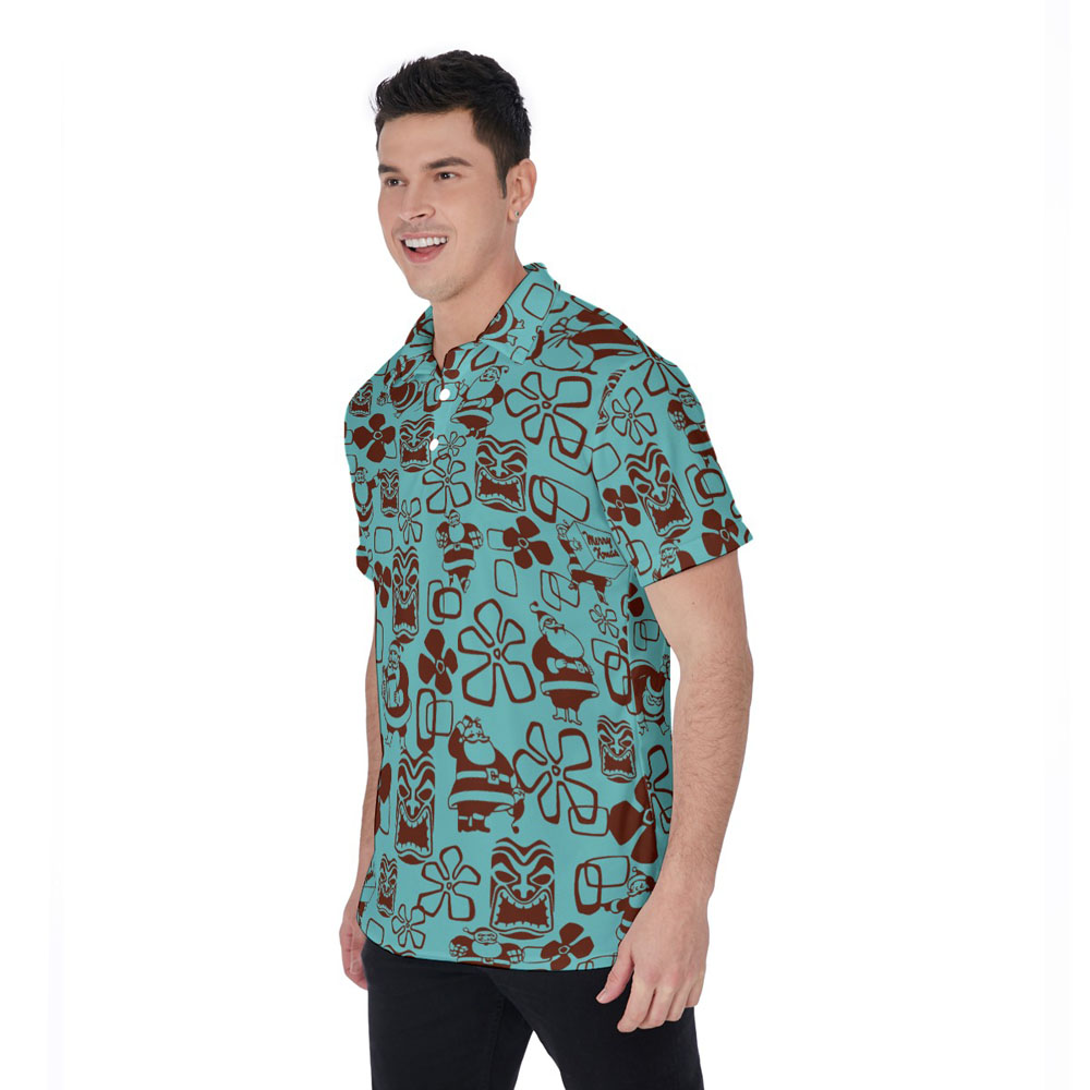 Vintage Santa Claus Christmas Tiki Blue Hawaiian Polo Golf Shirt