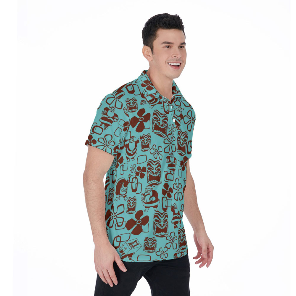 Vintage Santa Claus Christmas Tiki Blue Hawaiian Polo Golf Shirt