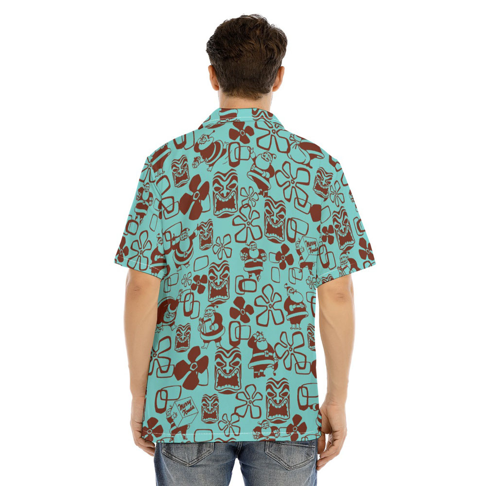 Classic Santa Claus Tiki Floral Christmas Blue Hawaiian Shirt