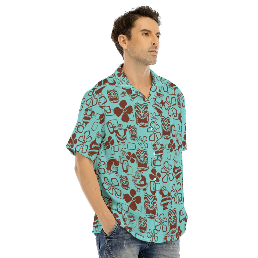 Classic Santa Claus Tiki Floral Christmas Blue Hawaiian Shirt