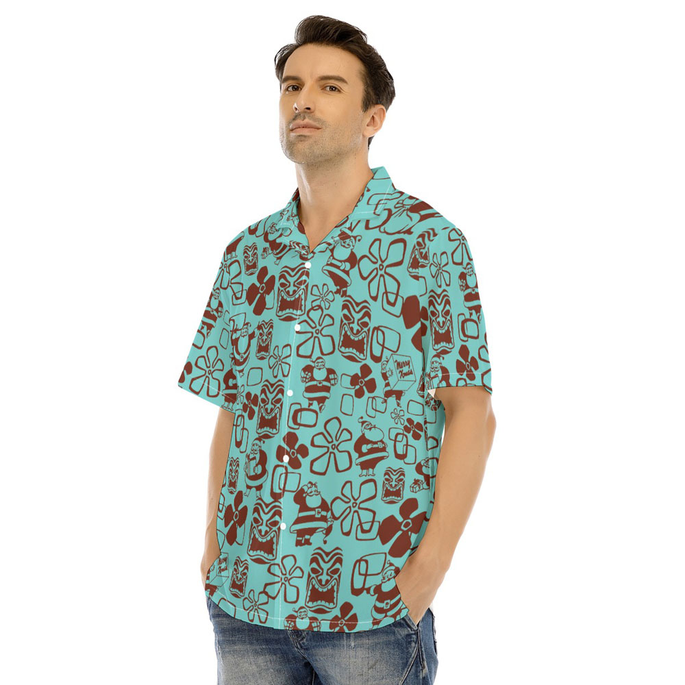 Classic Santa Claus Tiki Floral Christmas Blue Hawaiian Shirt