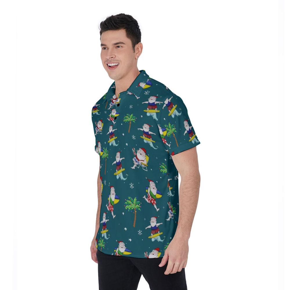 Summer Santa Claus Surfing Palm Tree Christmas Hawaiian Polo Shirt