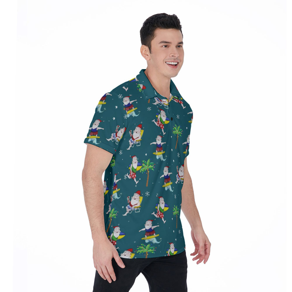 Summer Santa Claus Surfing Palm Tree Christmas Hawaiian Polo Shirt