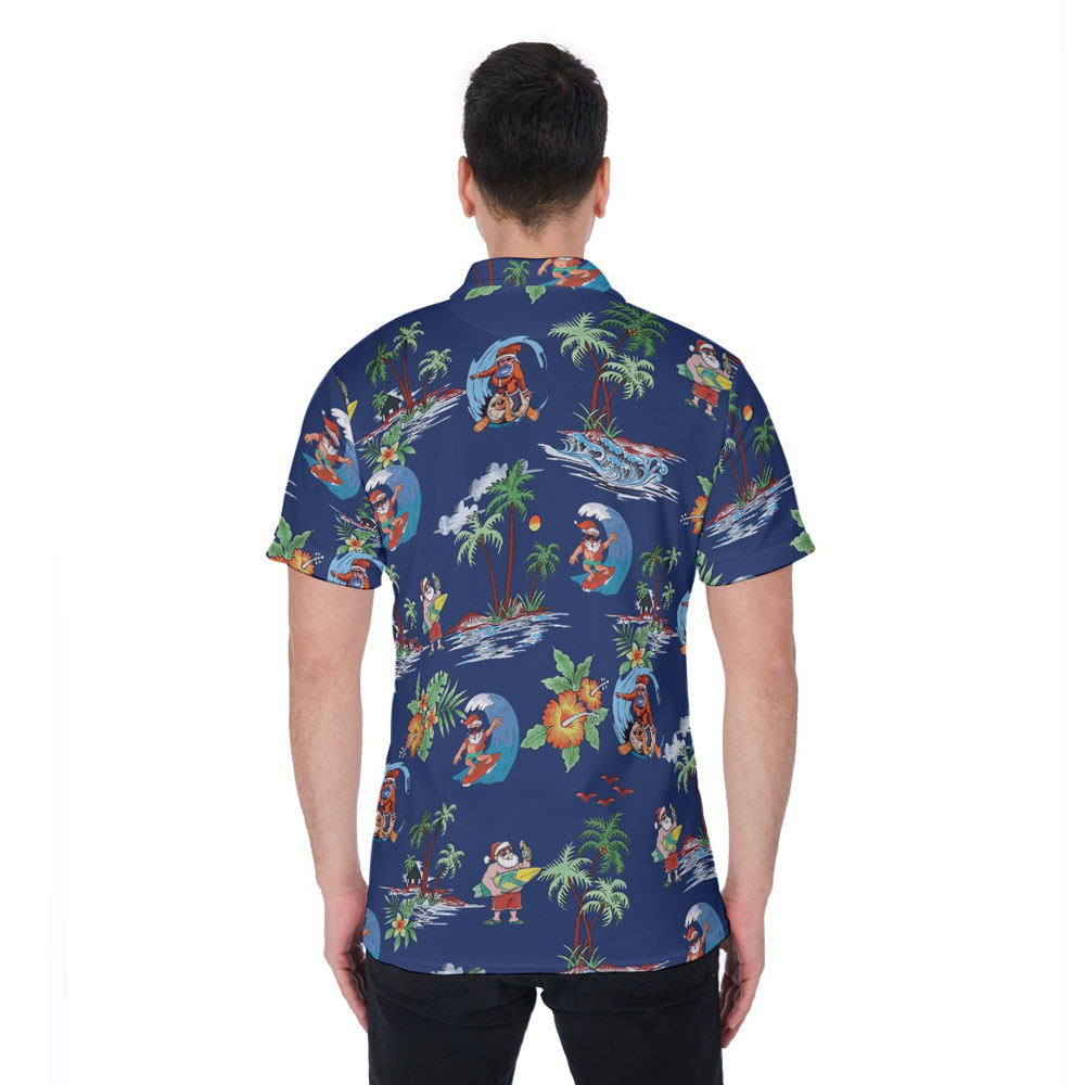 Vintage Santa Claus Surfing Tropical Navy Christmas Hawaiian Polo Shirt