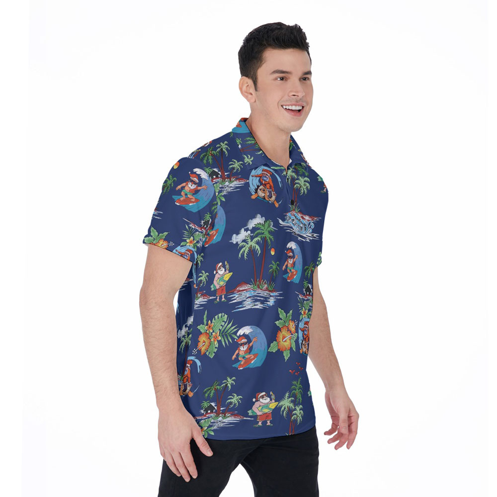 Vintage Santa Claus Surfing Tropical Navy Christmas Hawaiian Polo Shirt