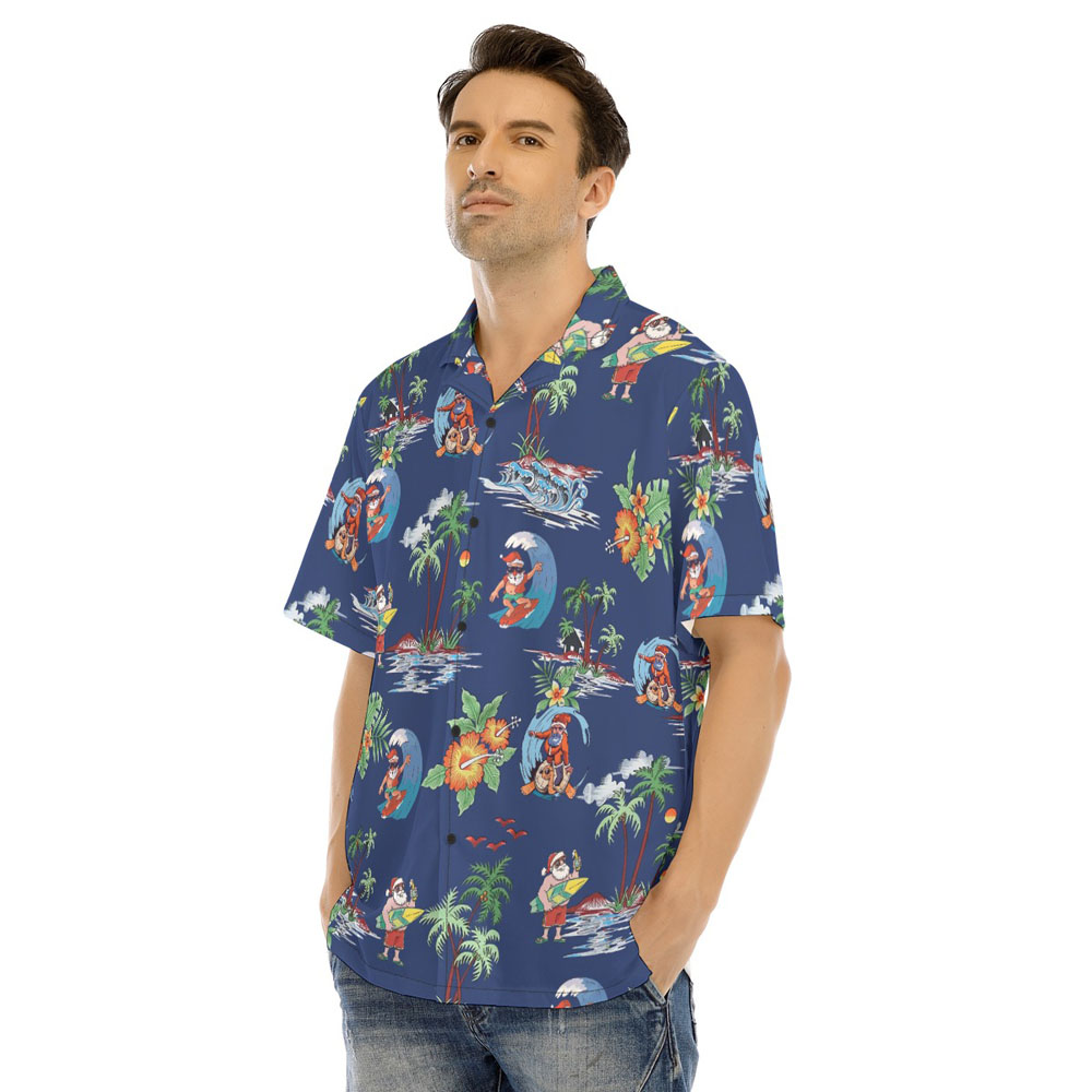 Surfing Santa Claus Tropical Navy Christmas Hawaiian Shirt