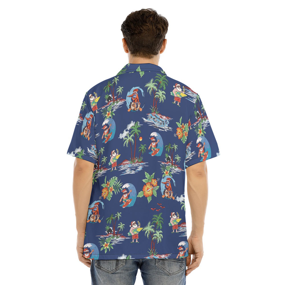 Surfing Santa Claus Tropical Navy Christmas Hawaiian Shirt