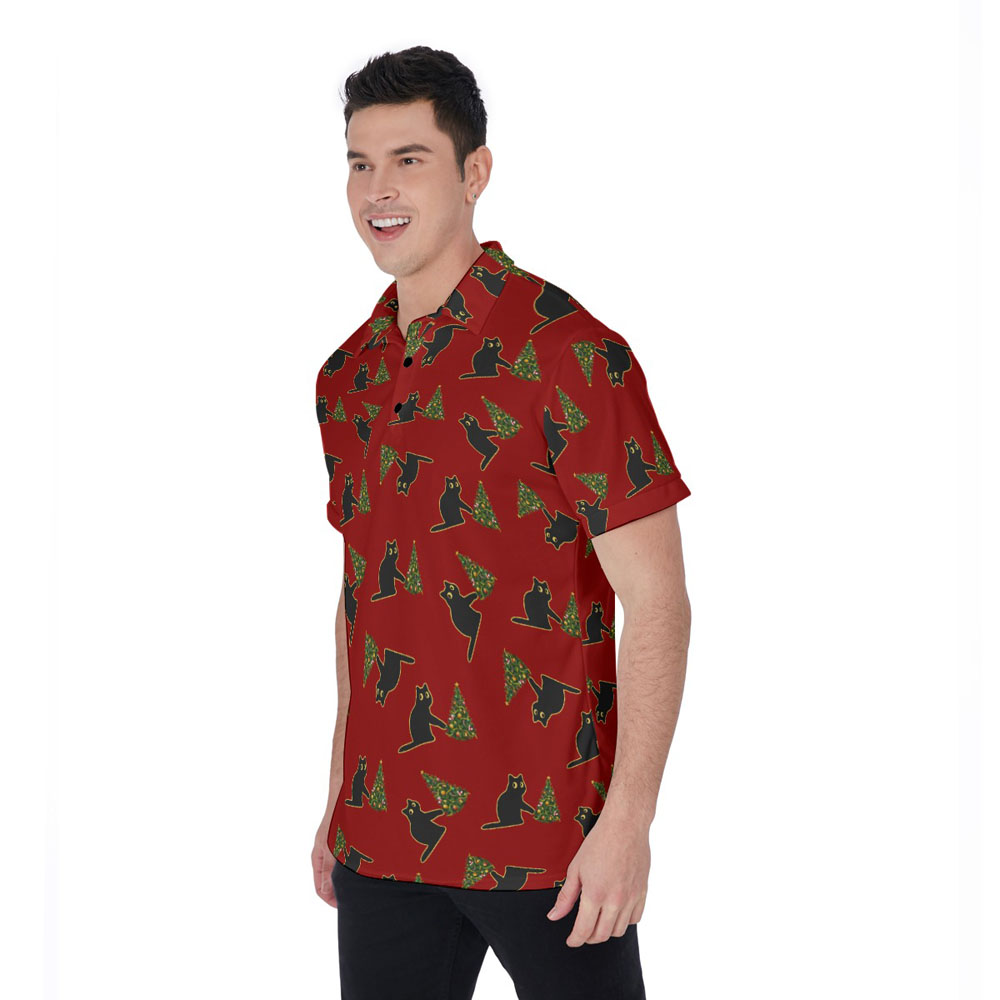 Funny Black Cat Wreak The Tree Christmas Red Hawaiian Polo Shirt