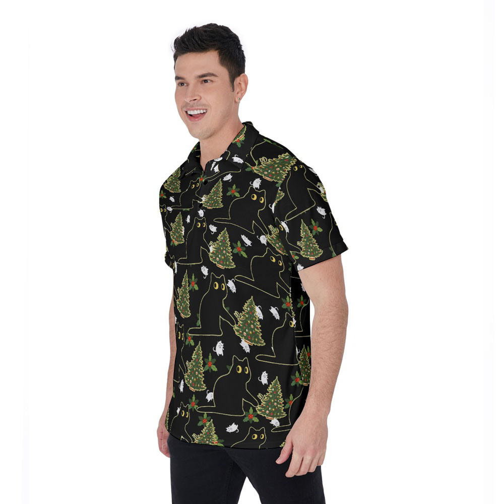 Funny Black Cat Wreak The Christmas Tree Hawaiian Polo Shirt