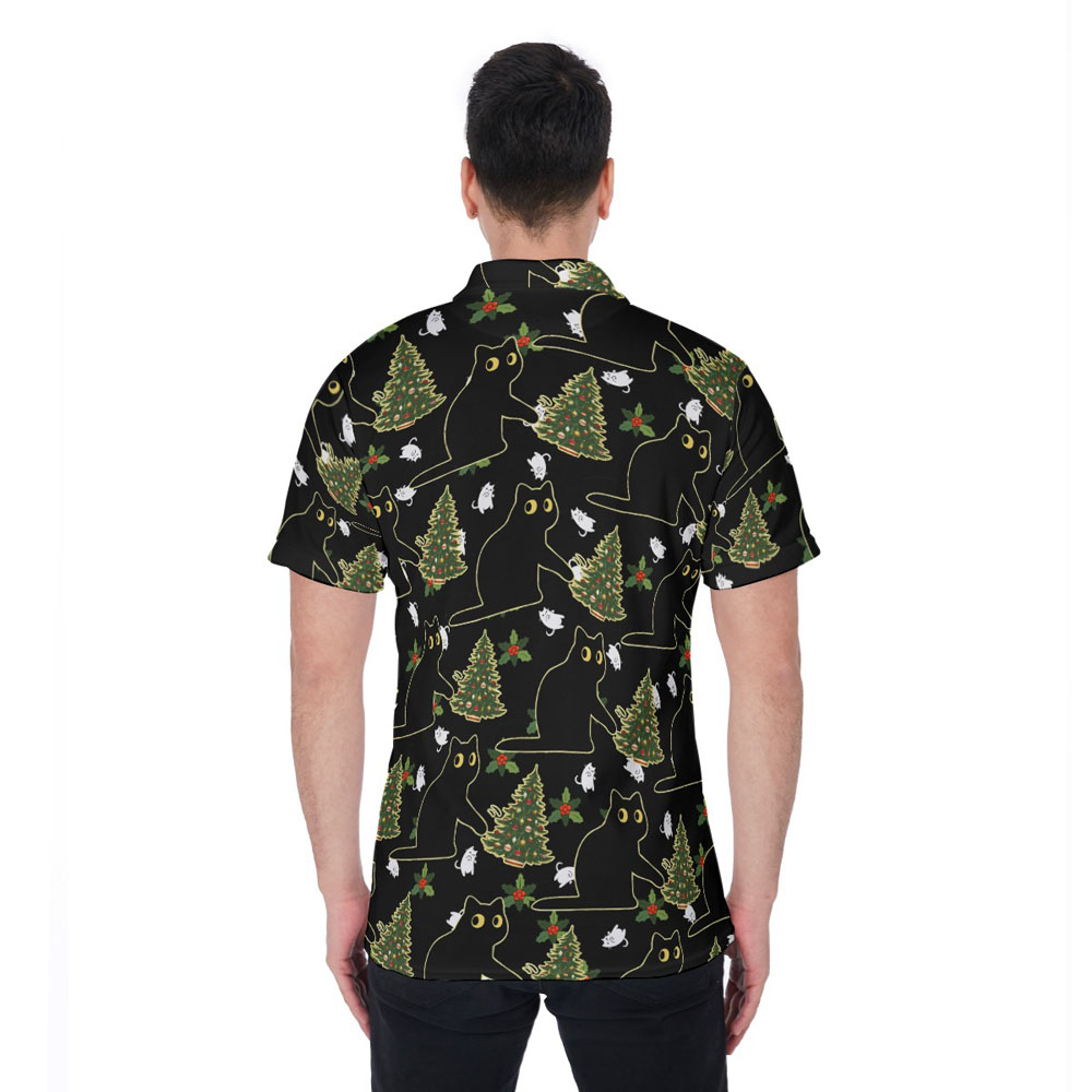 Funny Black Cat Wreak The Christmas Tree Hawaiian Polo Shirt