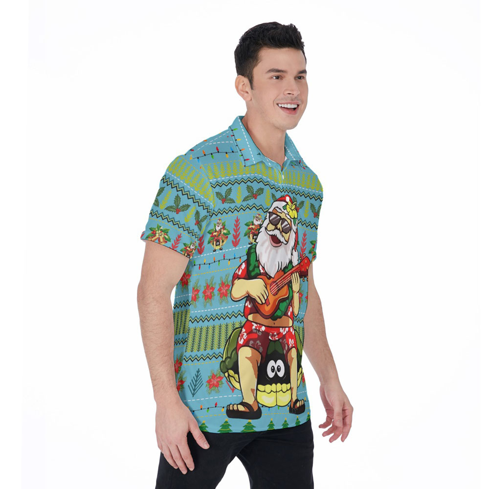 Funny Santa Playing Ukulele Christmas Ugly Hawaiian Polo Shirt