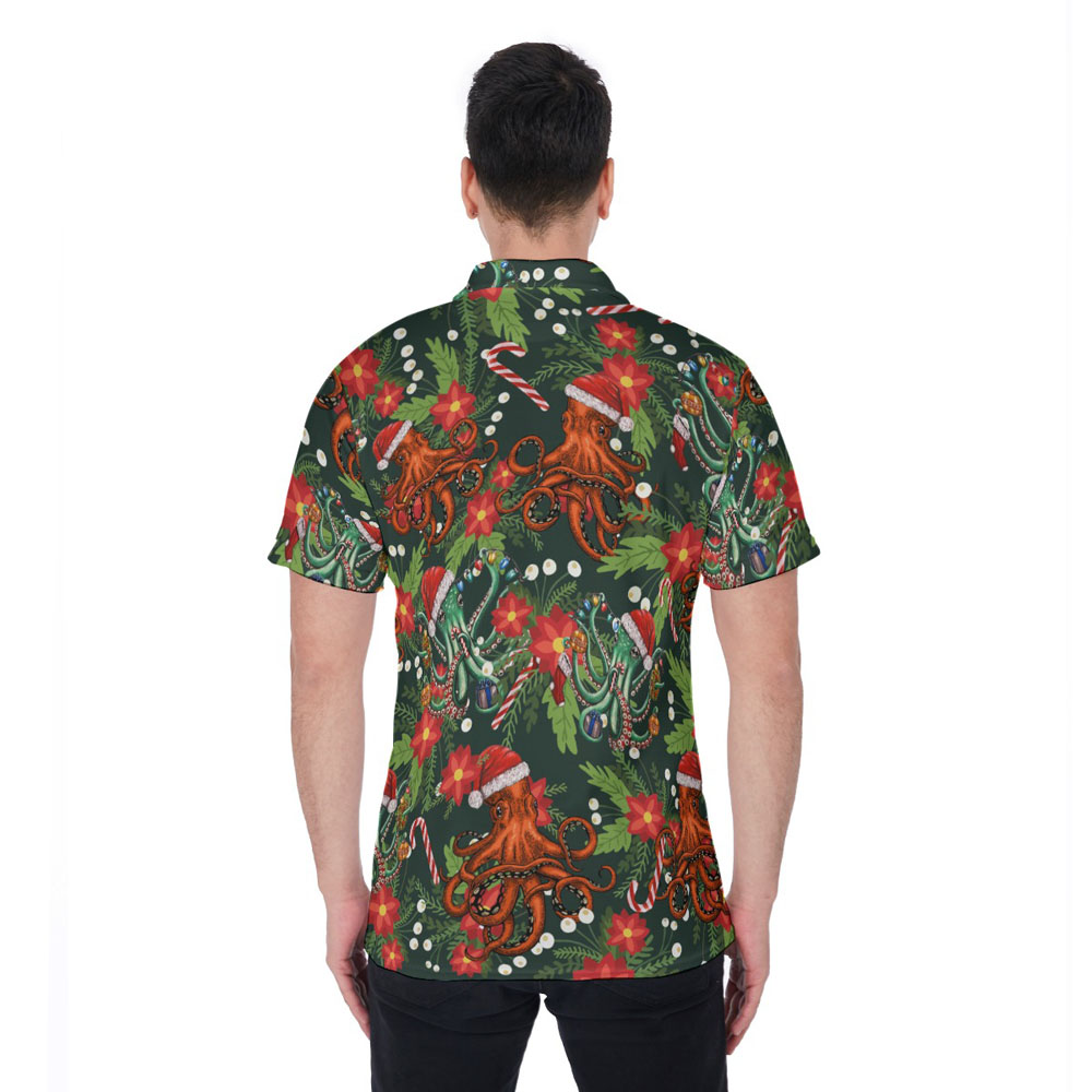Funny Christmas Octopus Floral Green Hawaiian Polo Shirt