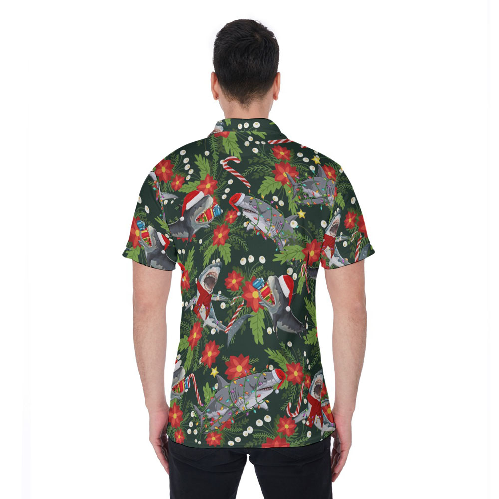 Tropical Christmas Shark Poinsettia Hawaiian Polo Shirt