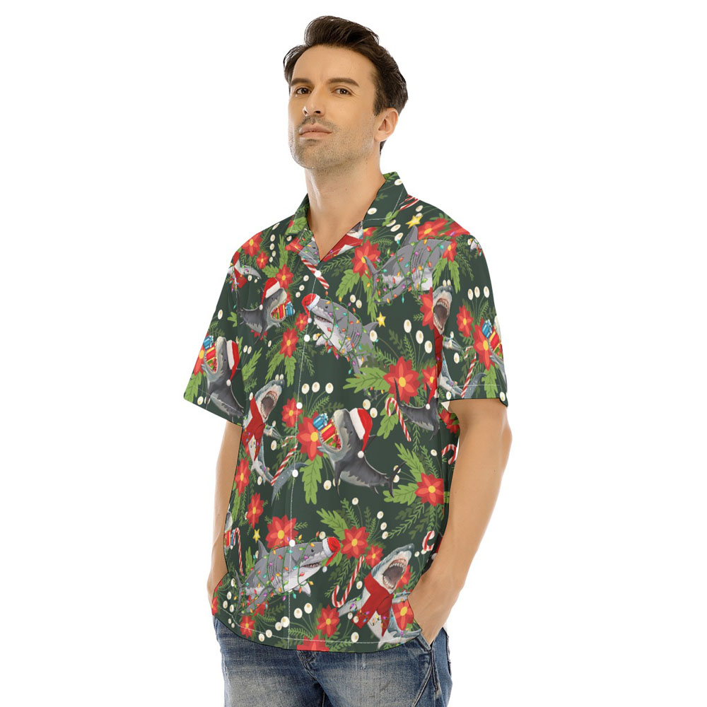 Funny Christmas Shark Floral Hawaiian Shirt