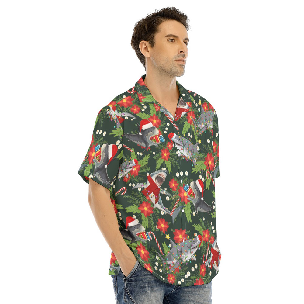 Funny Christmas Shark Floral Hawaiian Shirt