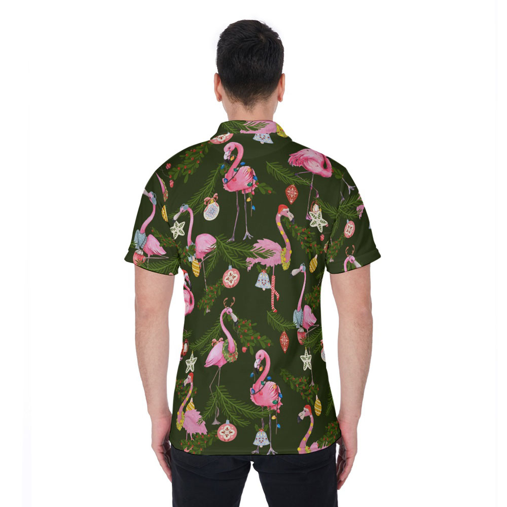 Funny Christmas Flamingo Tropical Green Hawaiian Polo Shirt