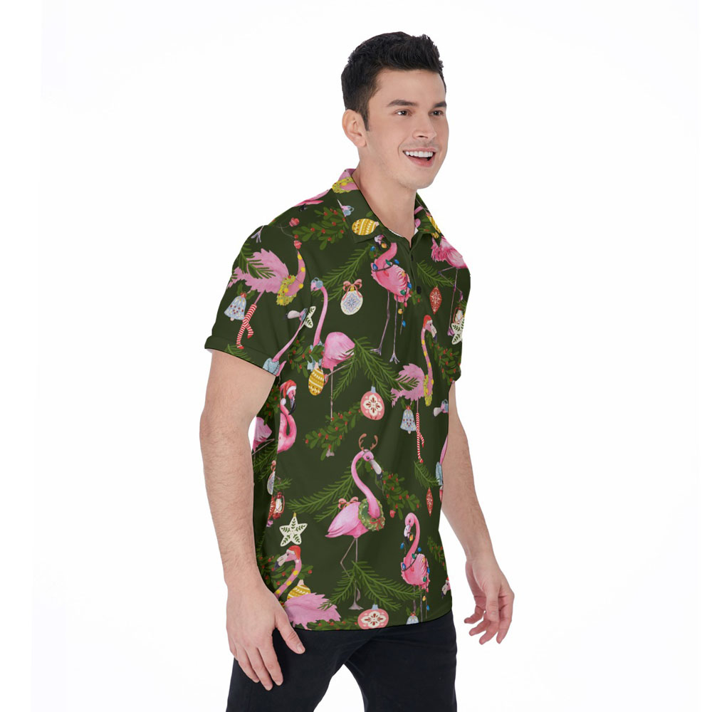 Funny Christmas Flamingo Tropical Green Hawaiian Polo Shirt