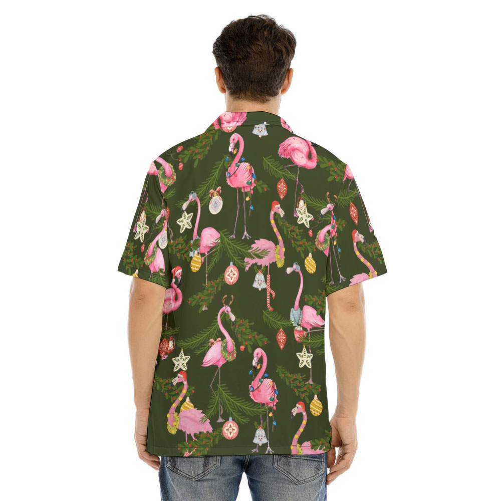 Christmas Flamingo Tropical Green Men's Hawaiian Shirt