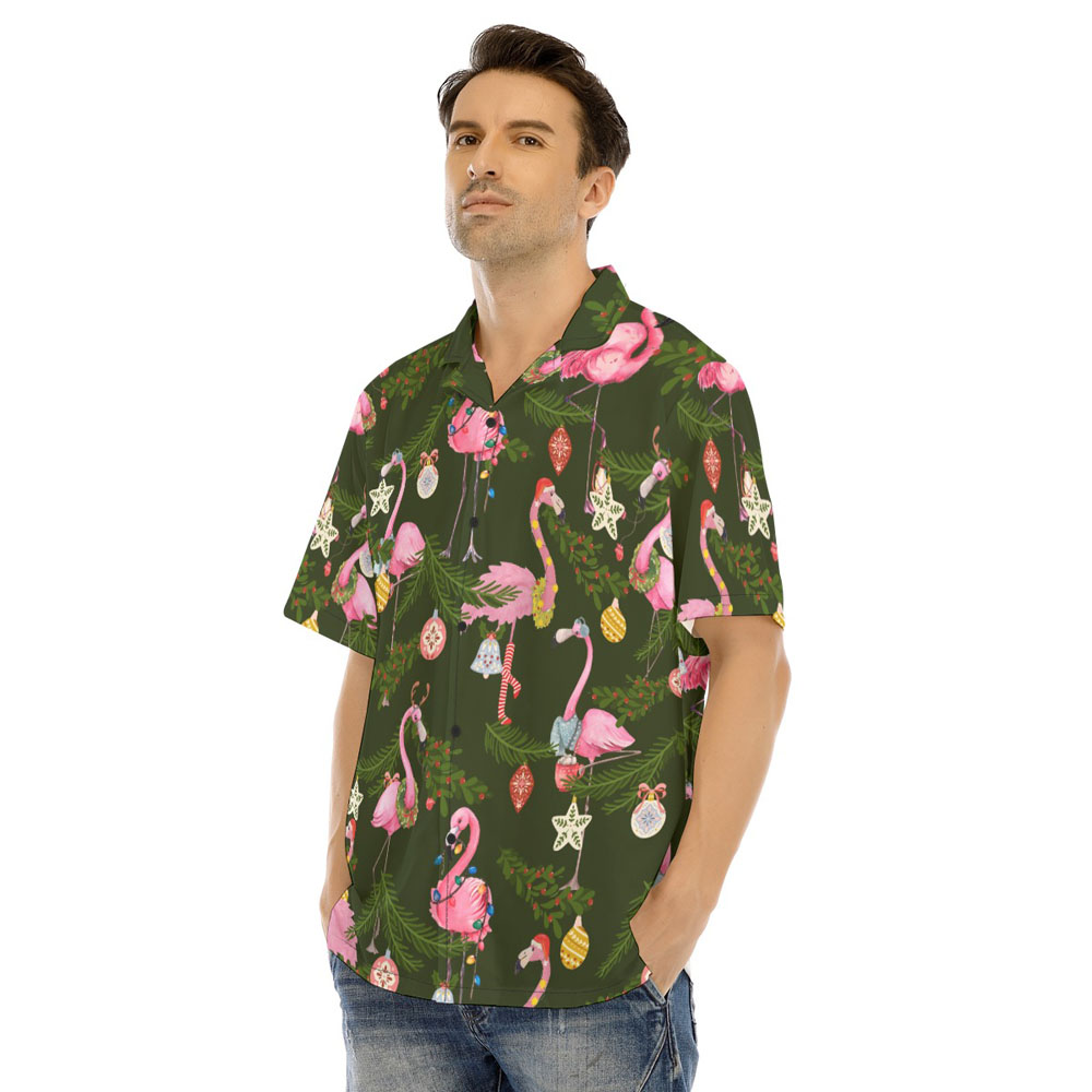 Christmas Flamingo Tropical Green Men's Hawaiian Shirt