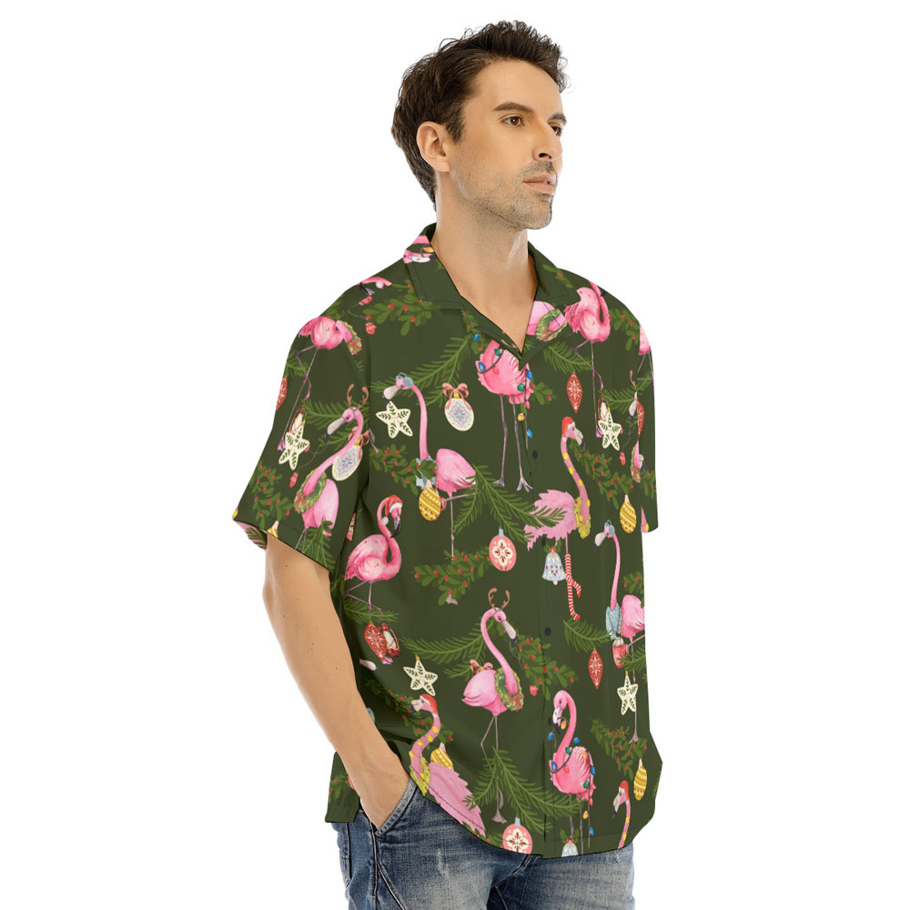 Christmas Flamingo Tropical Green Men's Hawaiian Shirt