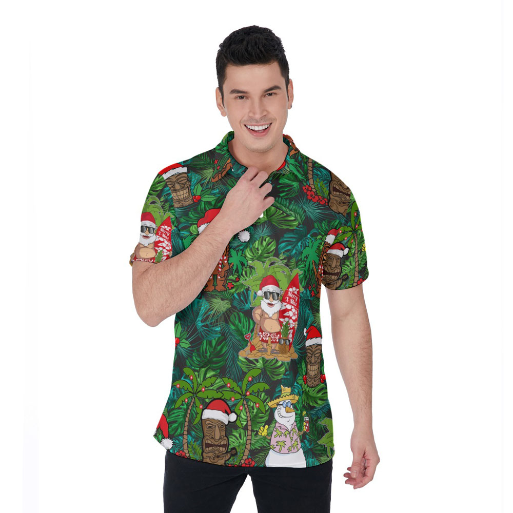 Funny Christmas Tiki Santa Claus Tropical Hawaiian Polo Shirt - variant image 1