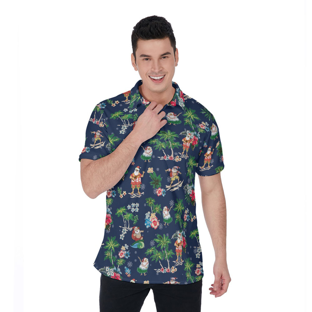 Classic Santa Claus Christmas Tropical Navy Hawaiian Polo Golf Shirt - variant image 1