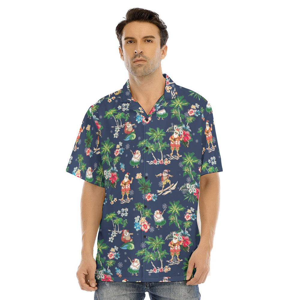 Summer Santa Claus Tropical Palm Tree Navy Hawaiian Shirt - variant image 1